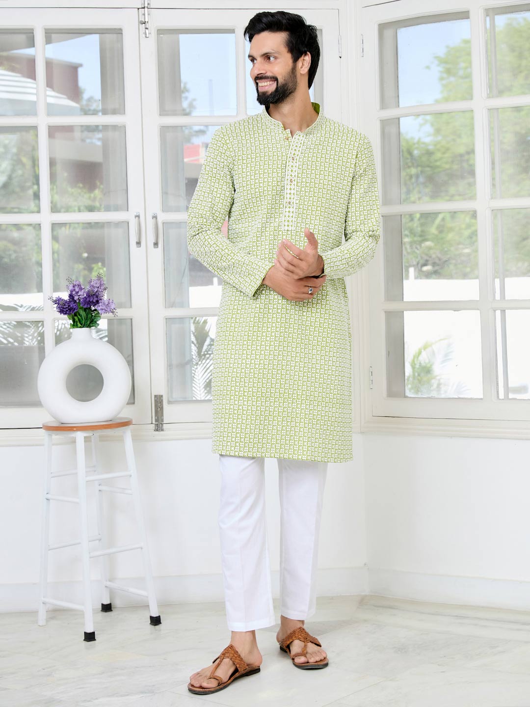 Parrot Green Thread Embroidered and Sequinned Rayon Straight Kurta with Pyjama