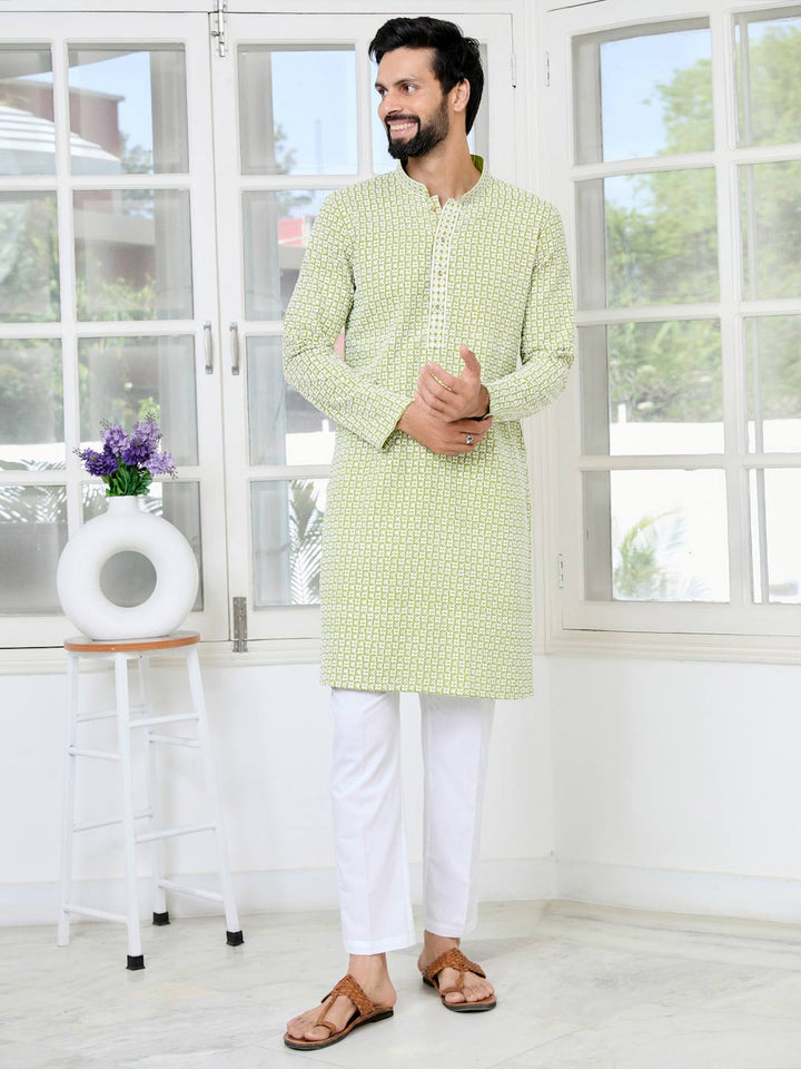 Parrot Green Thread Embroidered and Sequinned Rayon Straight Kurta with Pyjama