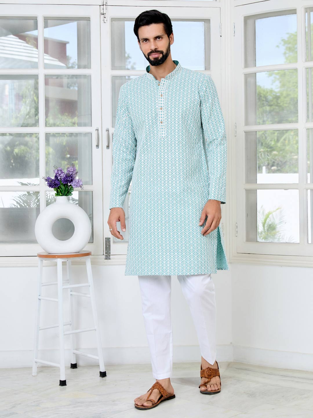 Blue Thread Embroidered and Sequinned Rayon Straight Kurta with Pyjama