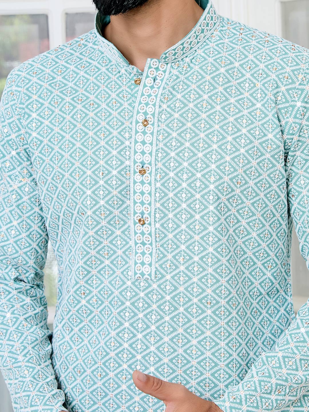 Blue Thread Embroidered and Sequinned Rayon Straight Kurta with Pyjama