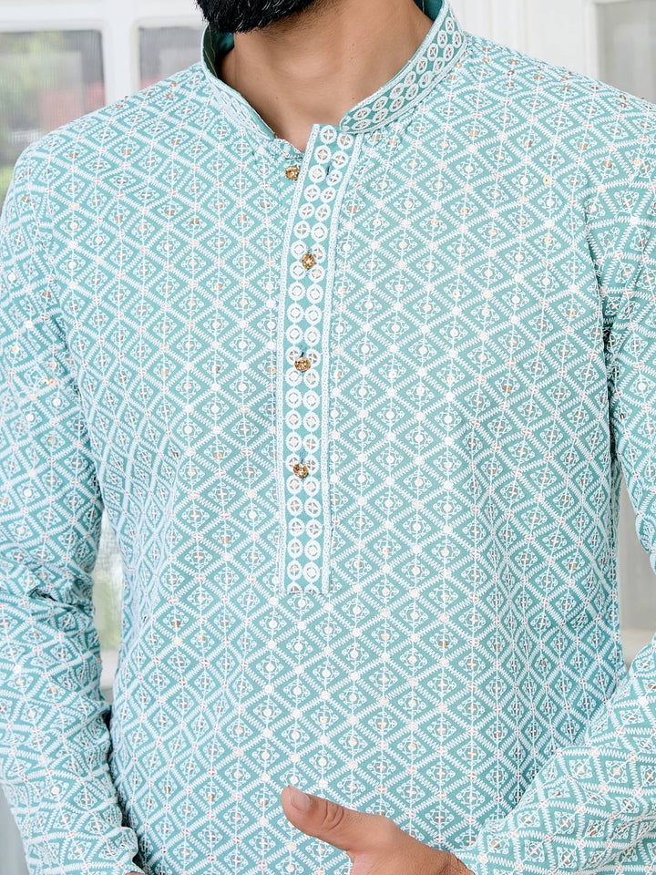 Blue Thread Embroidered and Sequinned Rayon Straight Kurta with Pyjama