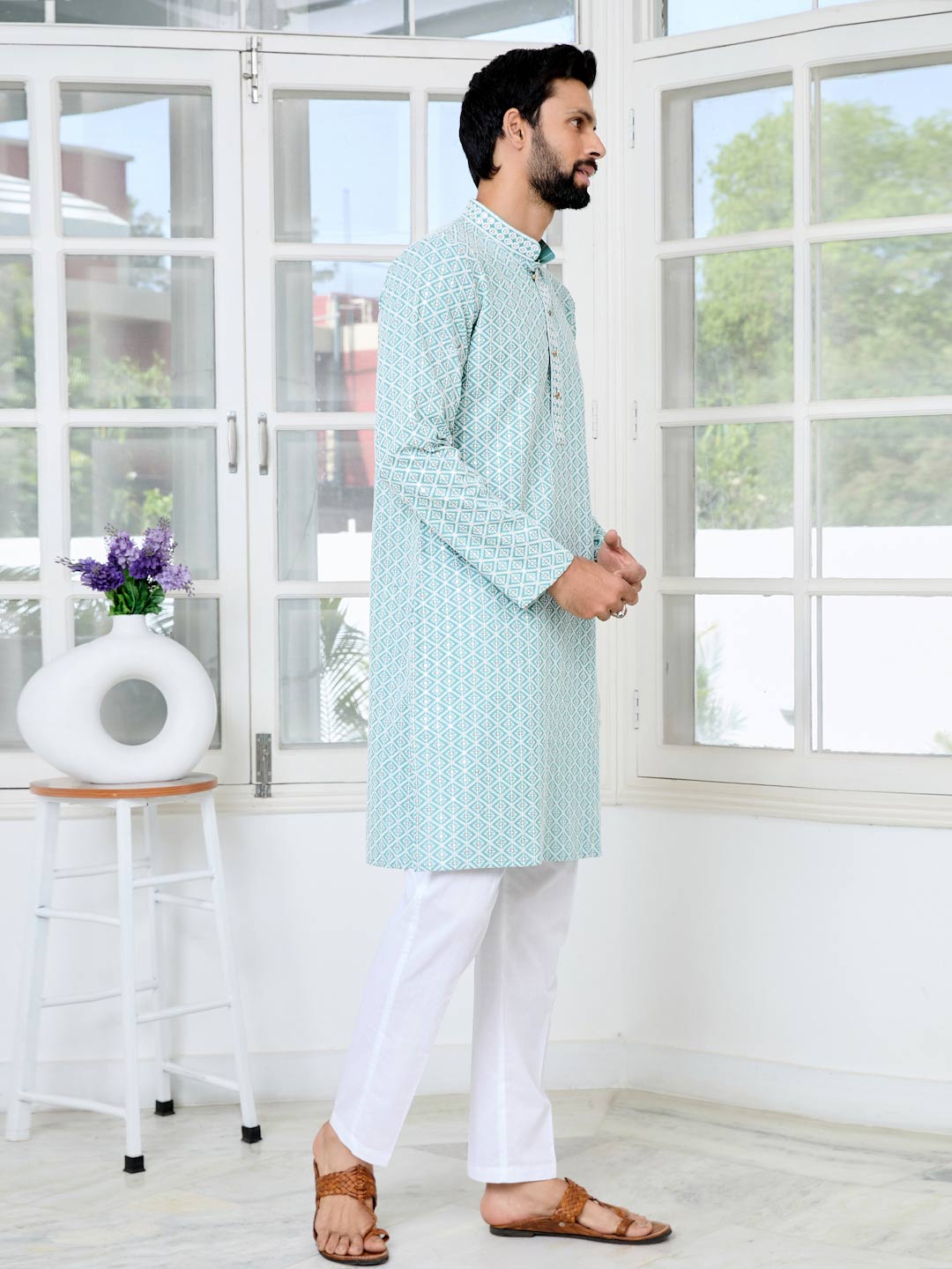 Blue Thread Embroidered and Sequinned Rayon Straight Kurta with Pyjama