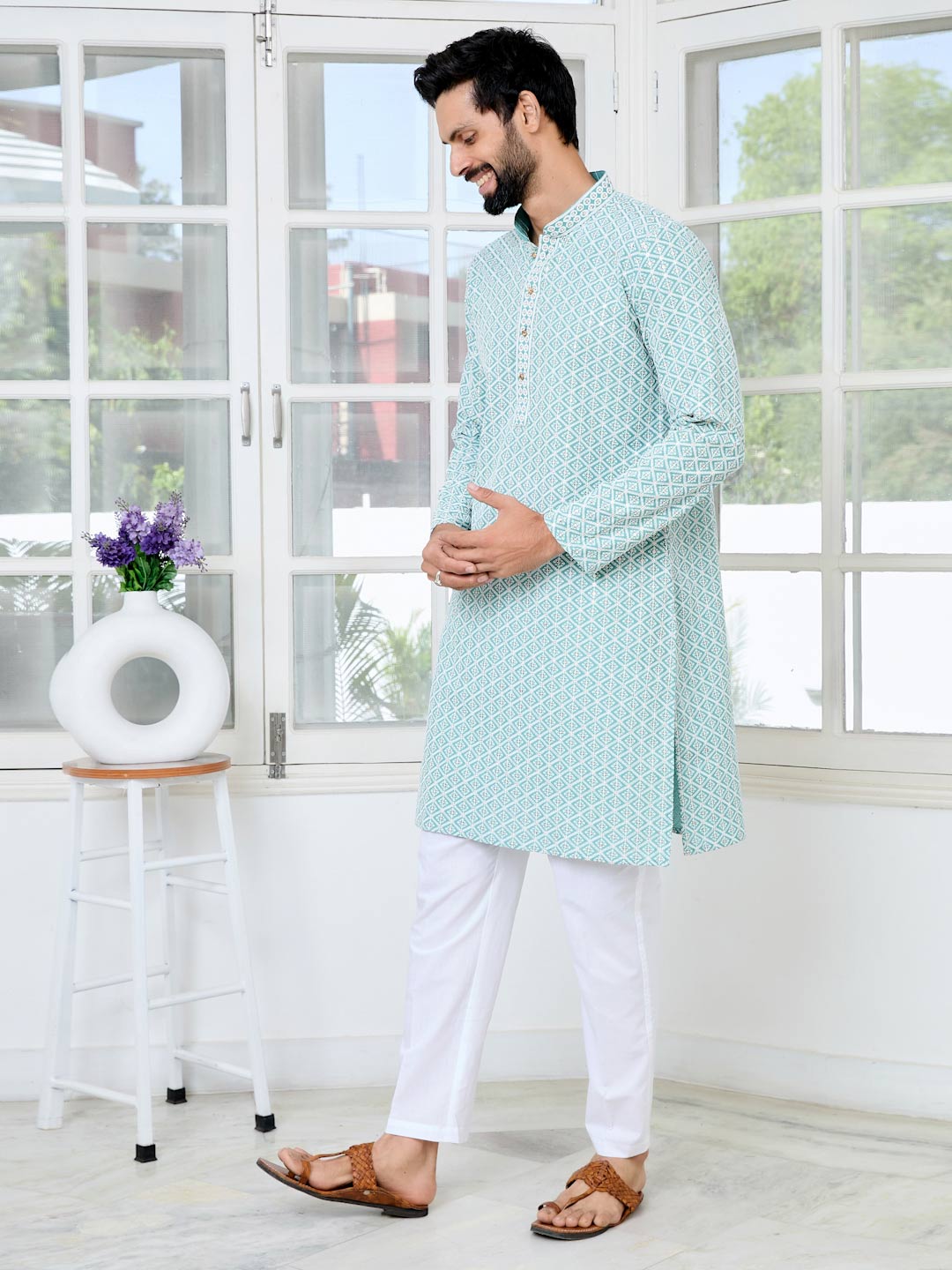 Blue Thread Embroidered and Sequinned Rayon Straight Kurta with Pyjama