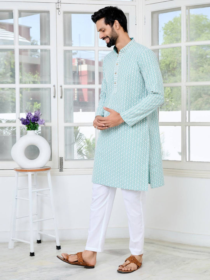 Blue Thread Embroidered and Sequinned Rayon Straight Kurta with Pyjama