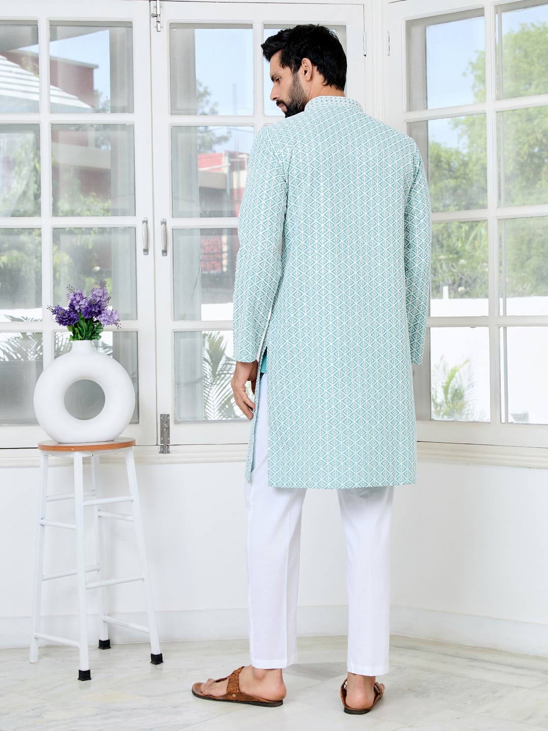 Blue Thread Embroidered and Sequinned Rayon Straight Kurta with Pyjama