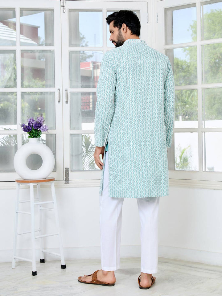 Blue Thread Embroidered and Sequinned Rayon Straight Kurta with Pyjama