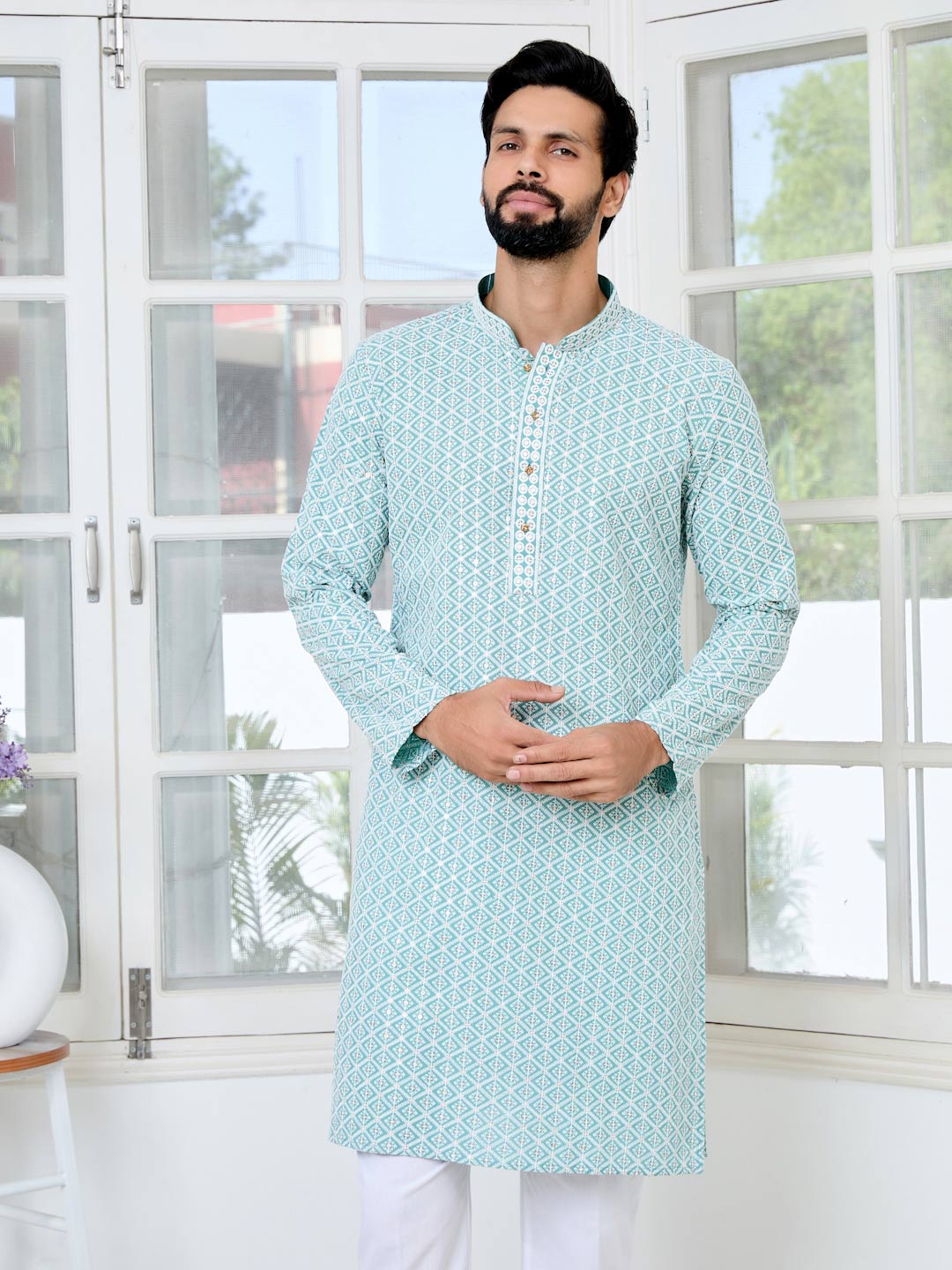 Blue Thread Embroidered and Sequinned Rayon Straight Kurta with Pyjama