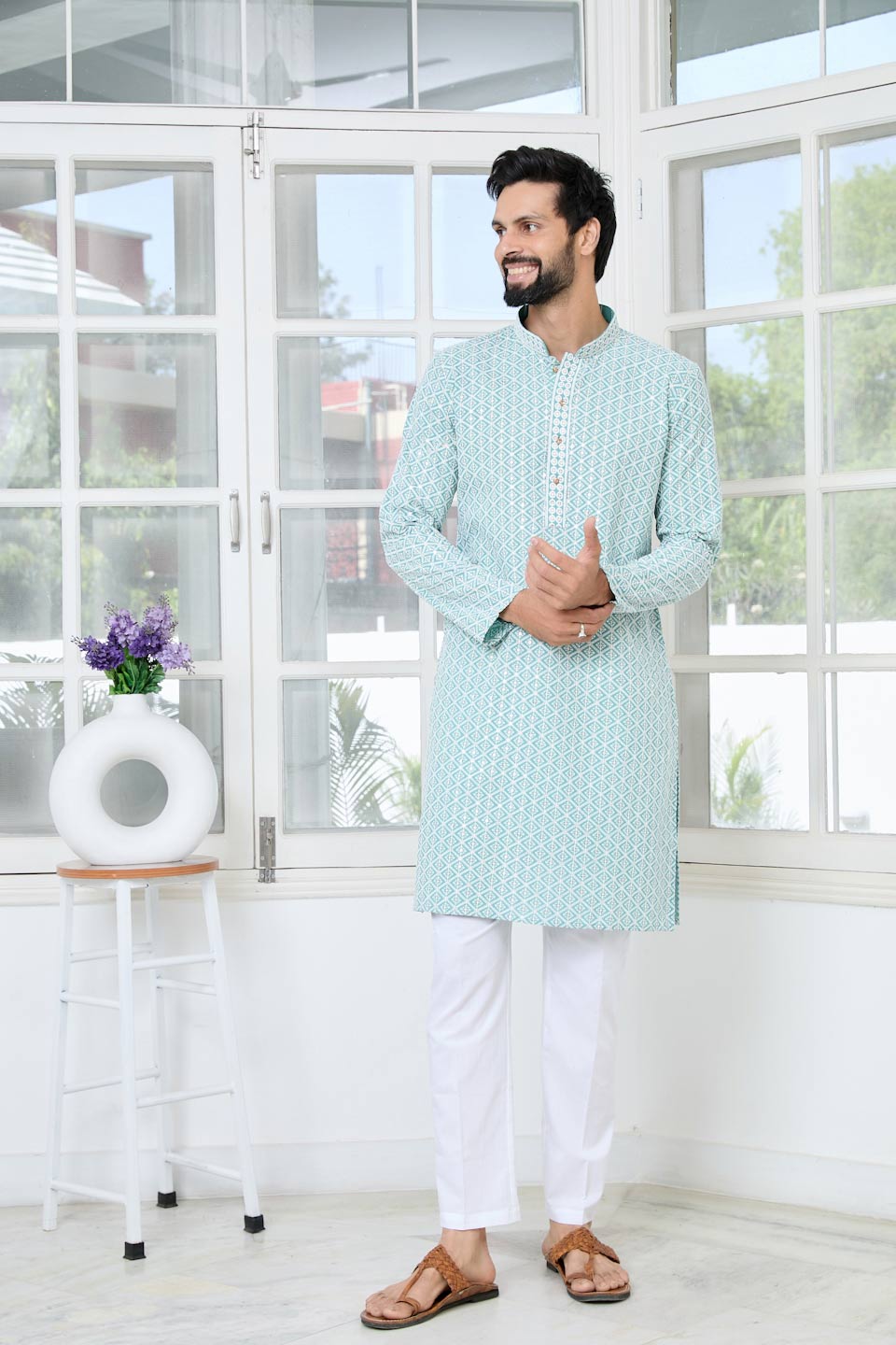 Blue Thread Embroidered and Sequinned Rayon Straight Kurta with Pyjama