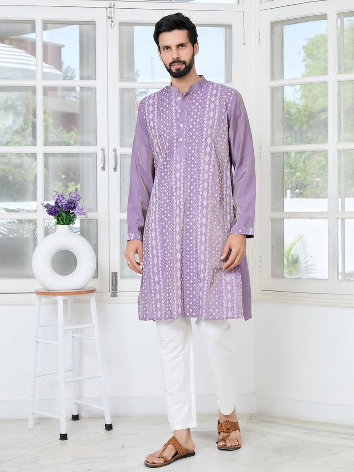 Purple Embossed Printed Cotton Chanderi Straight Kurta with Pyjama