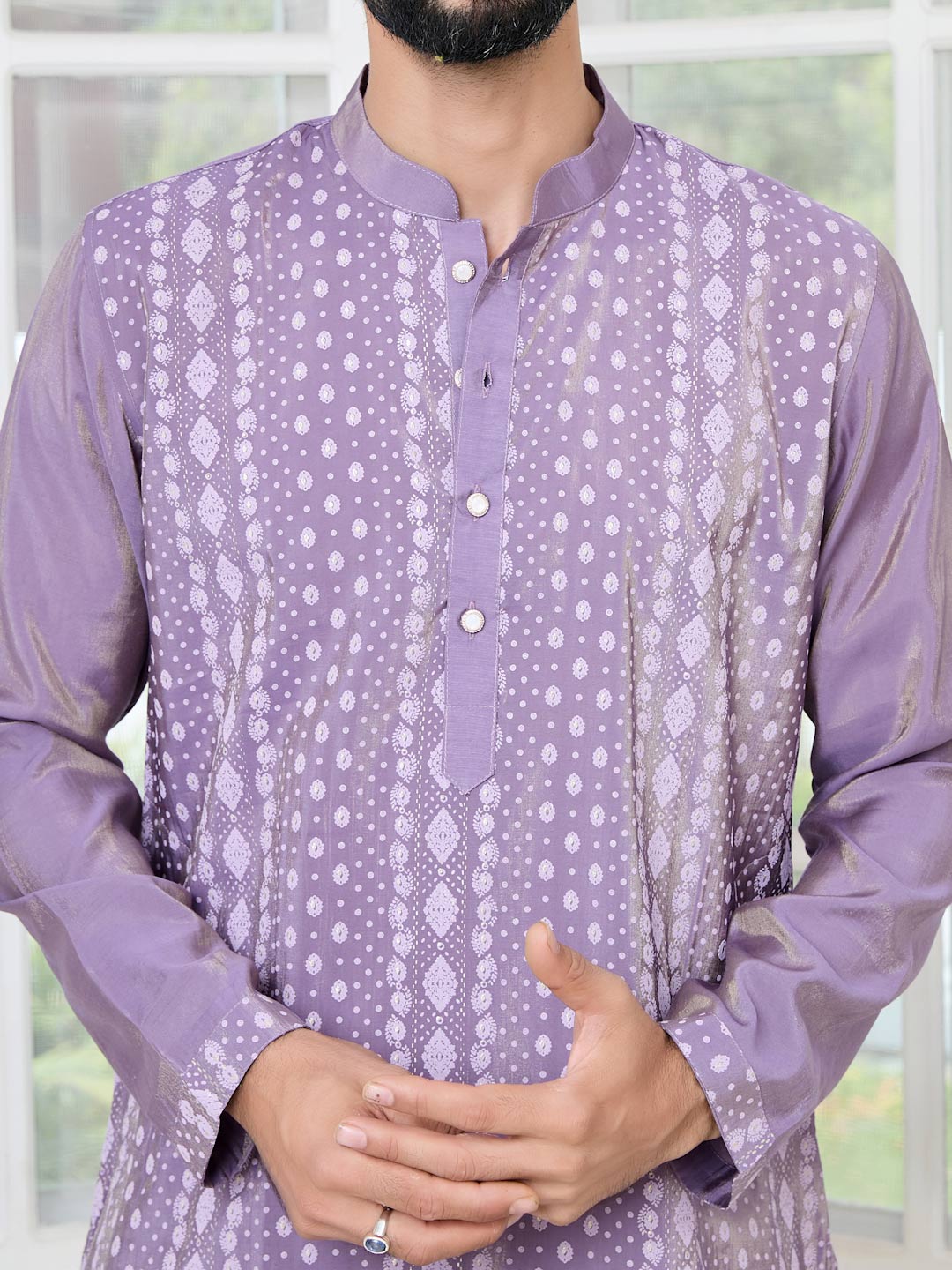 Purple Embossed Printed Cotton Chanderi Straight Kurta with Pyjama
