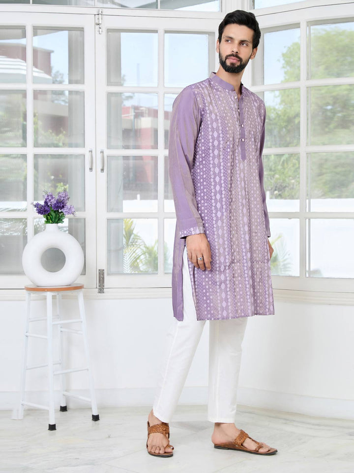 Purple Embossed Printed Cotton Chanderi Straight Kurta with Pyjama