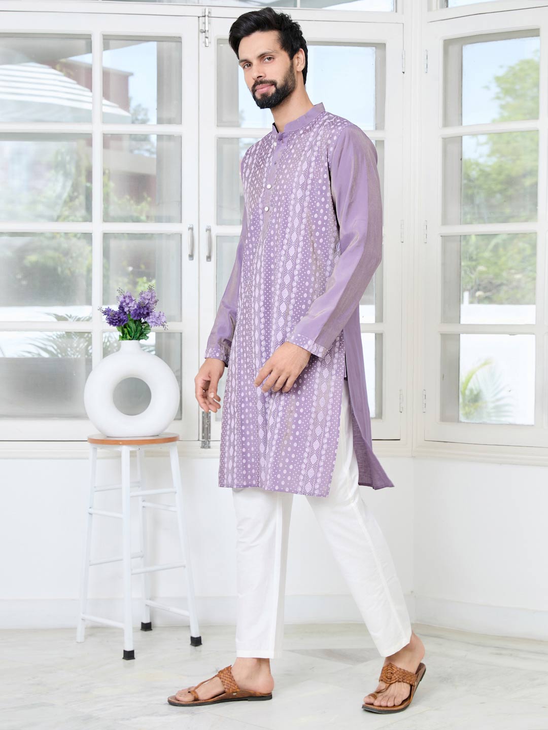 Purple Embossed Printed Cotton Chanderi Straight Kurta with Pyjama