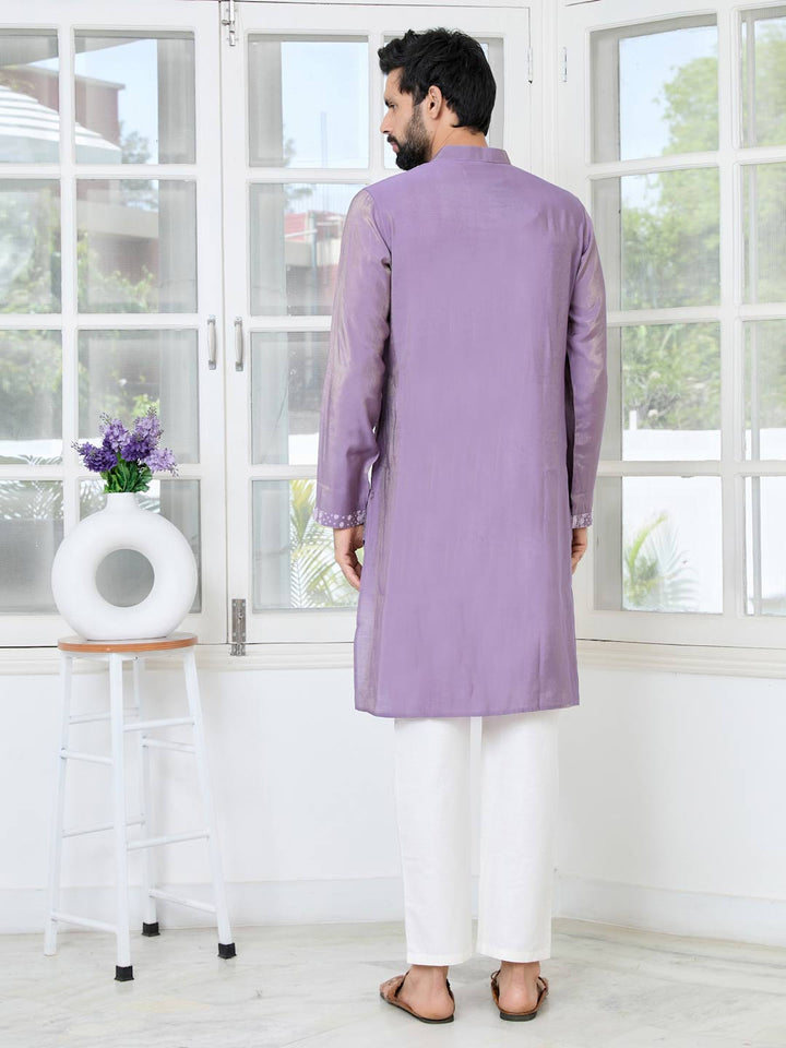 Purple Embossed Printed Cotton Chanderi Straight Kurta with Pyjama
