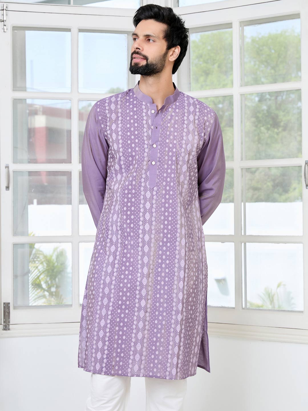 Purple Embossed Printed Cotton Chanderi Straight Kurta with Pyjama