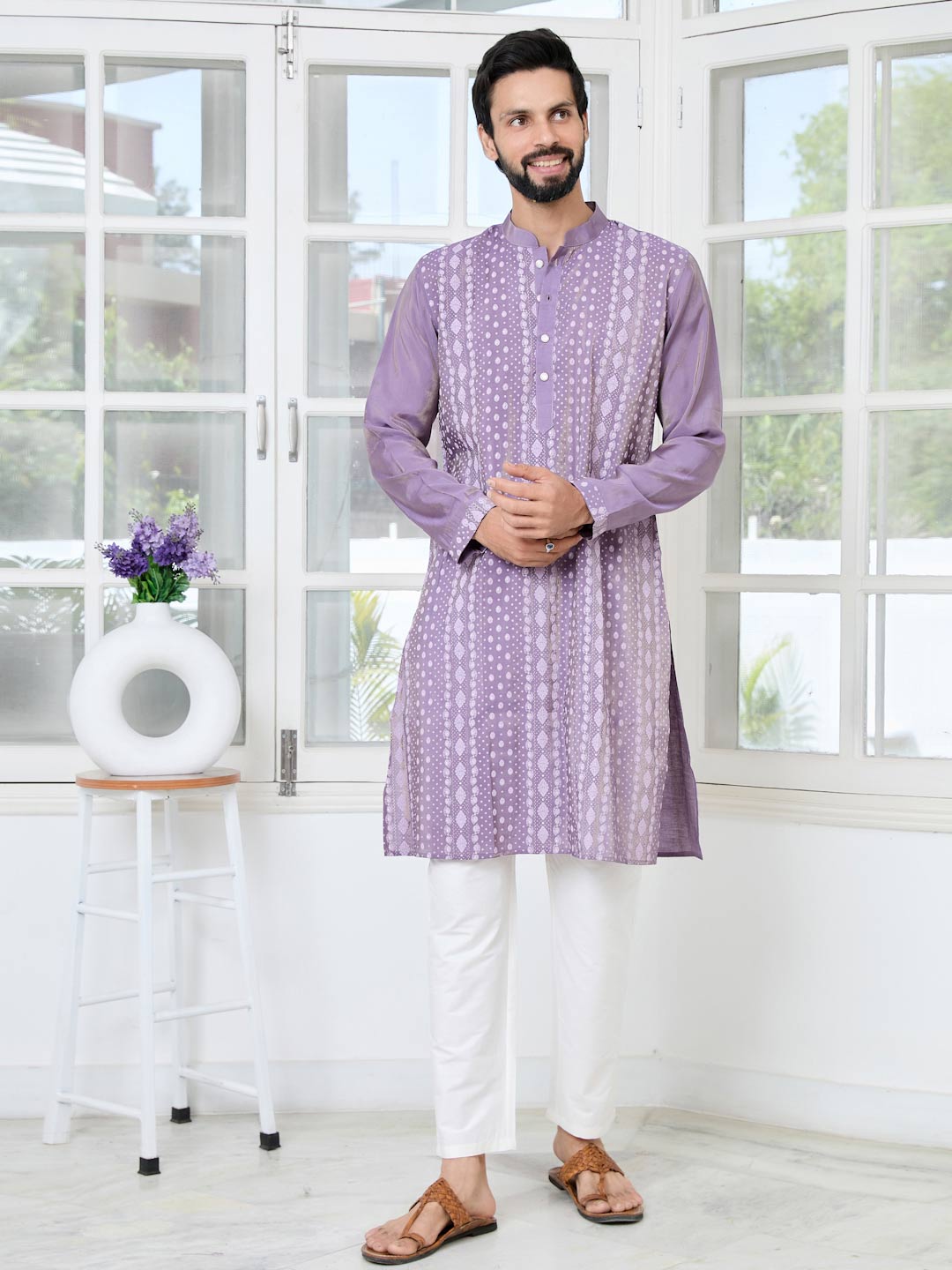 Purple Embossed Printed Cotton Chanderi Straight Kurta with Pyjama