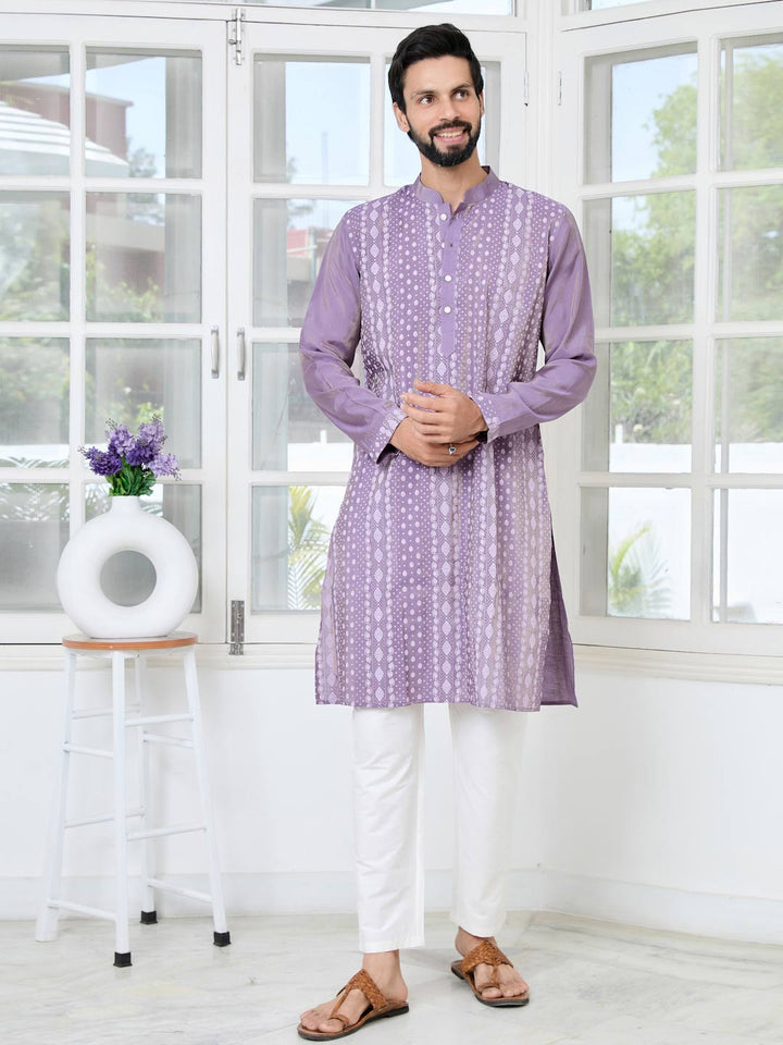 Purple Embossed Printed Cotton Chanderi Straight Kurta with Pyjama