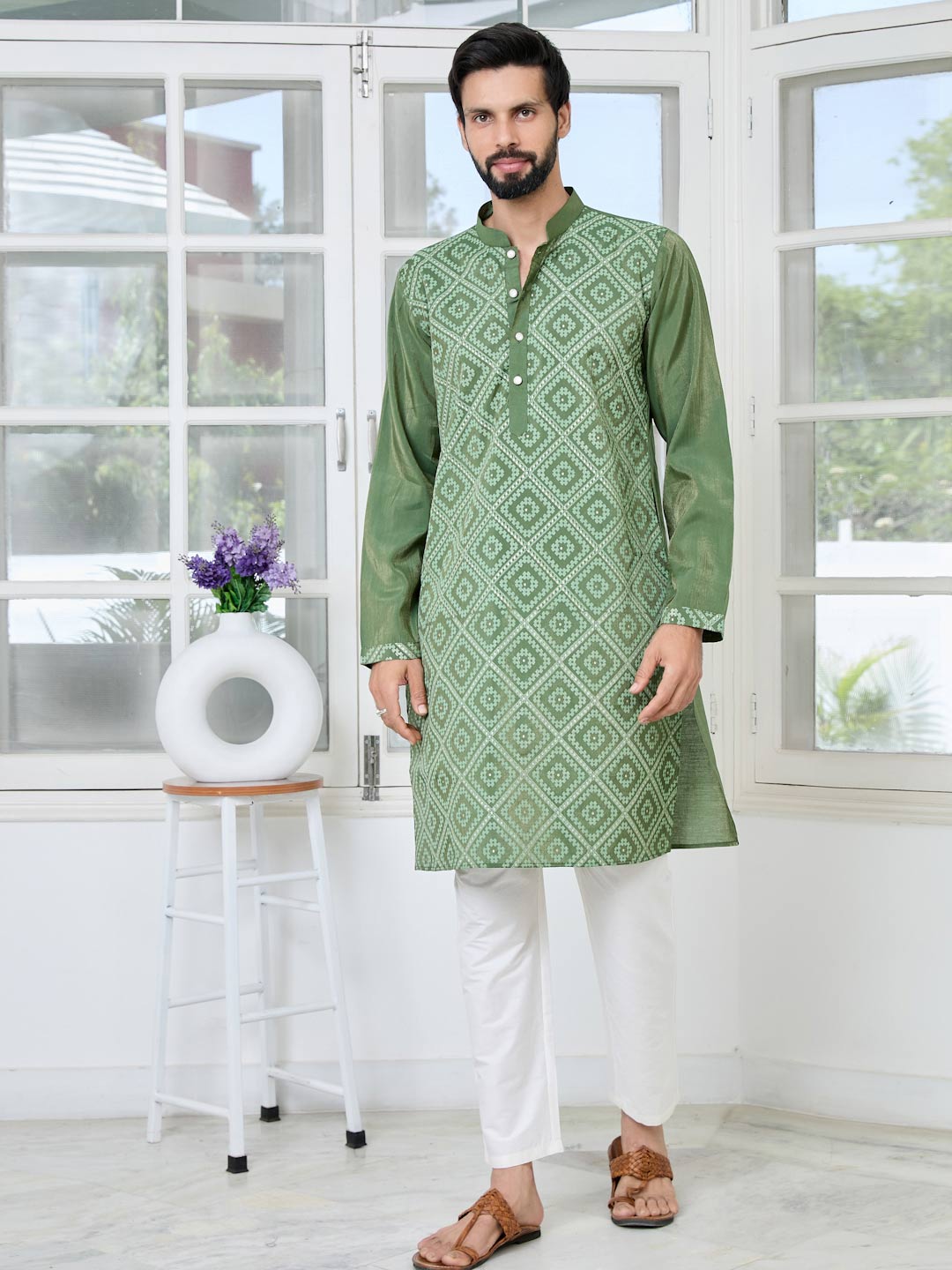 Green Embossed Printed Cotton Chanderi Straight Kurta with Pyjama