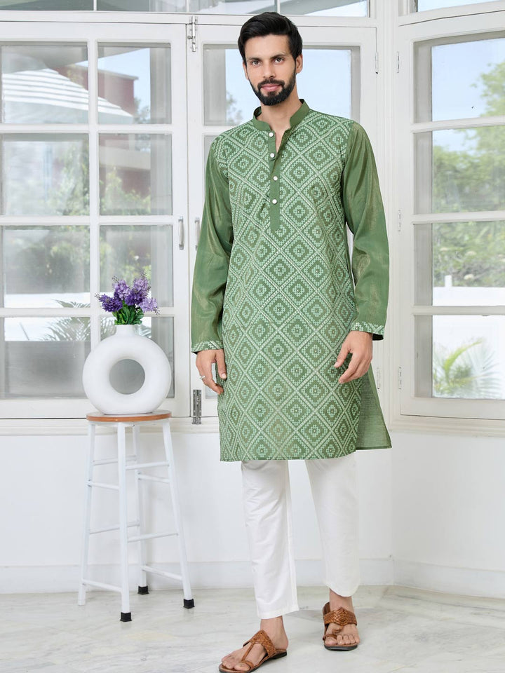 Green Embossed Printed Cotton Chanderi Straight Kurta with Pyjama