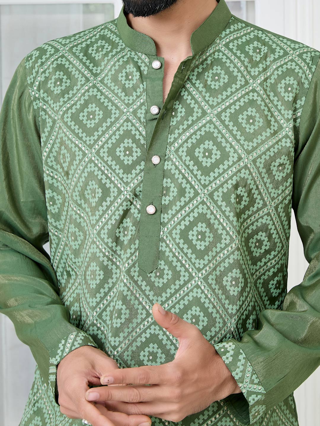 Green Embossed Printed Cotton Chanderi Straight Kurta with Pyjama