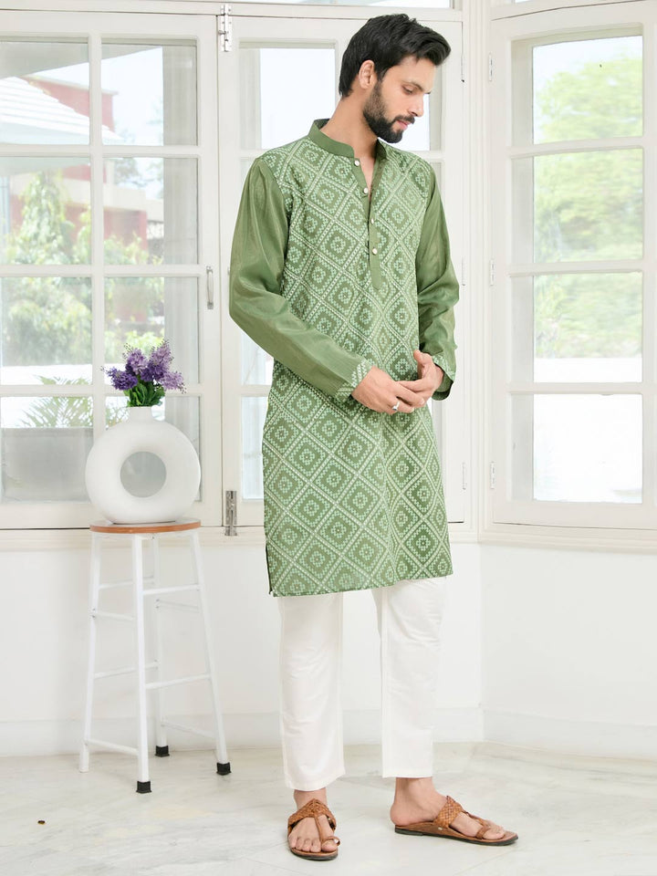 Green Embossed Printed Cotton Chanderi Straight Kurta with Pyjama