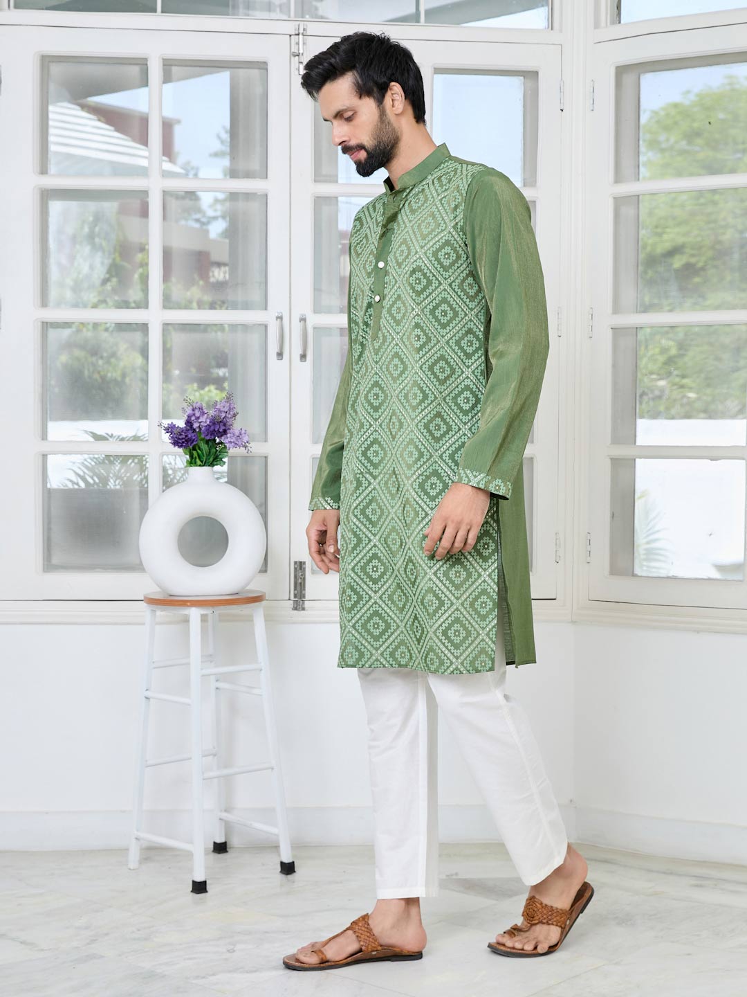 Green Embossed Printed Cotton Chanderi Straight Kurta with Pyjama