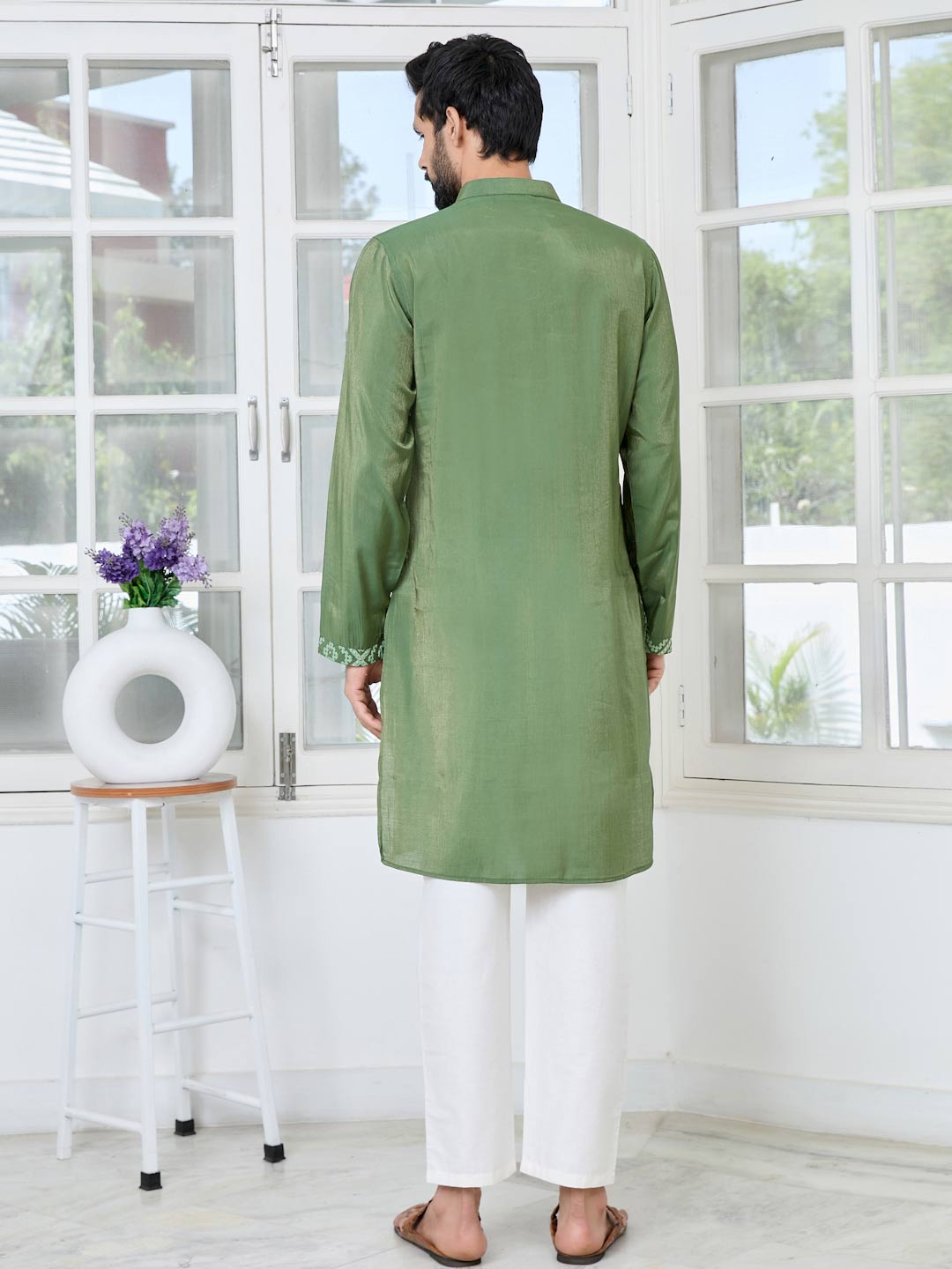 Green Embossed Printed Cotton Chanderi Straight Kurta with Pyjama
