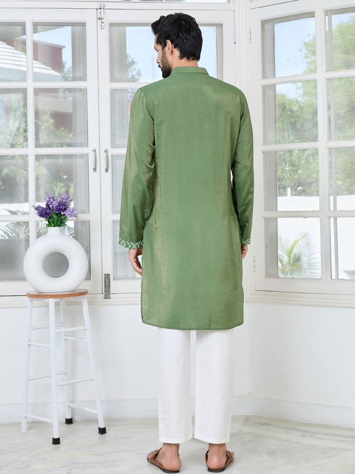 Green Embossed Printed Cotton Chanderi Straight Kurta with Pyjama