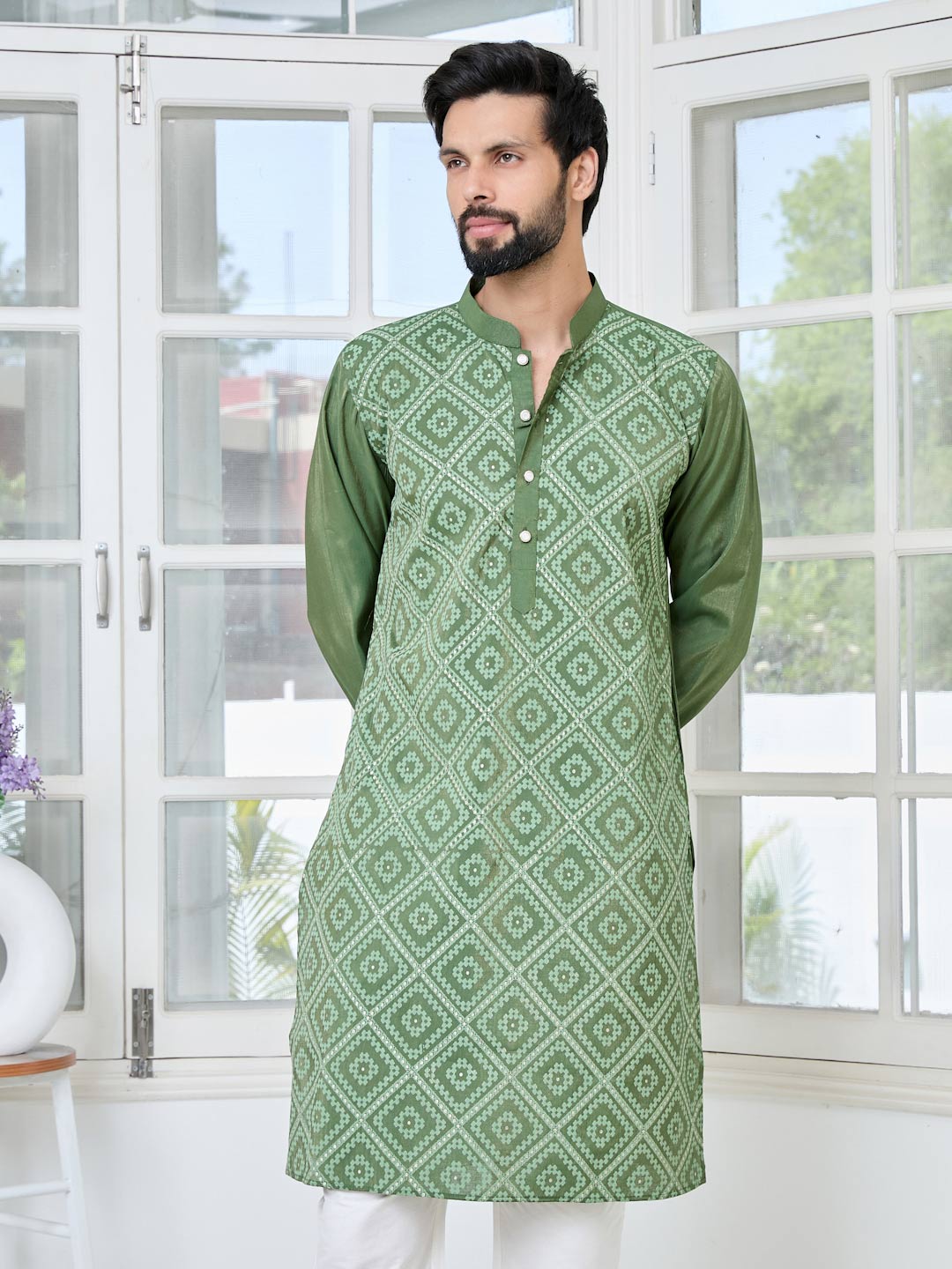 Green Embossed Printed Cotton Chanderi Straight Kurta with Pyjama