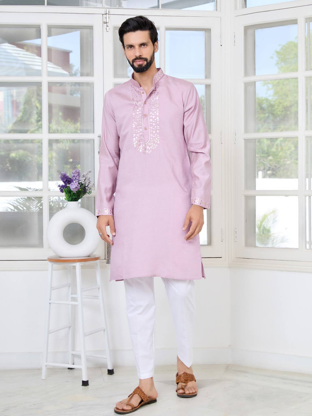 Purple Sequins Embroidered Chanderi Straight Kurta with Yoke Design Paired with Pyjama