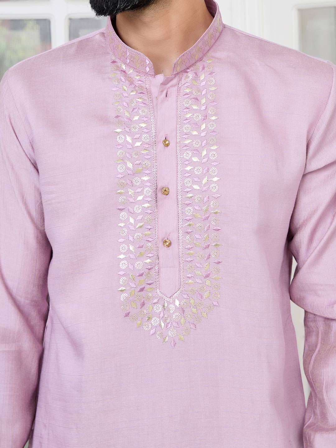 Purple Sequins Embroidered Chanderi Straight Kurta with Yoke Design Paired with Pyjama