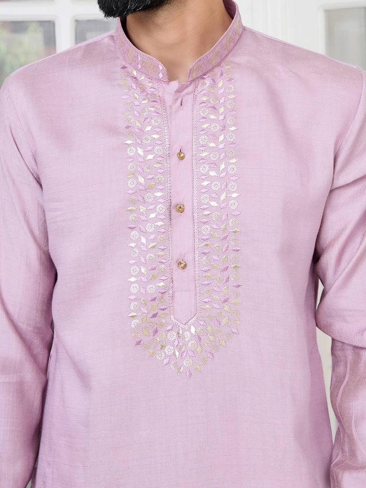 Purple Sequins Embroidered Chanderi Straight Kurta with Yoke Design Paired with Pyjama
