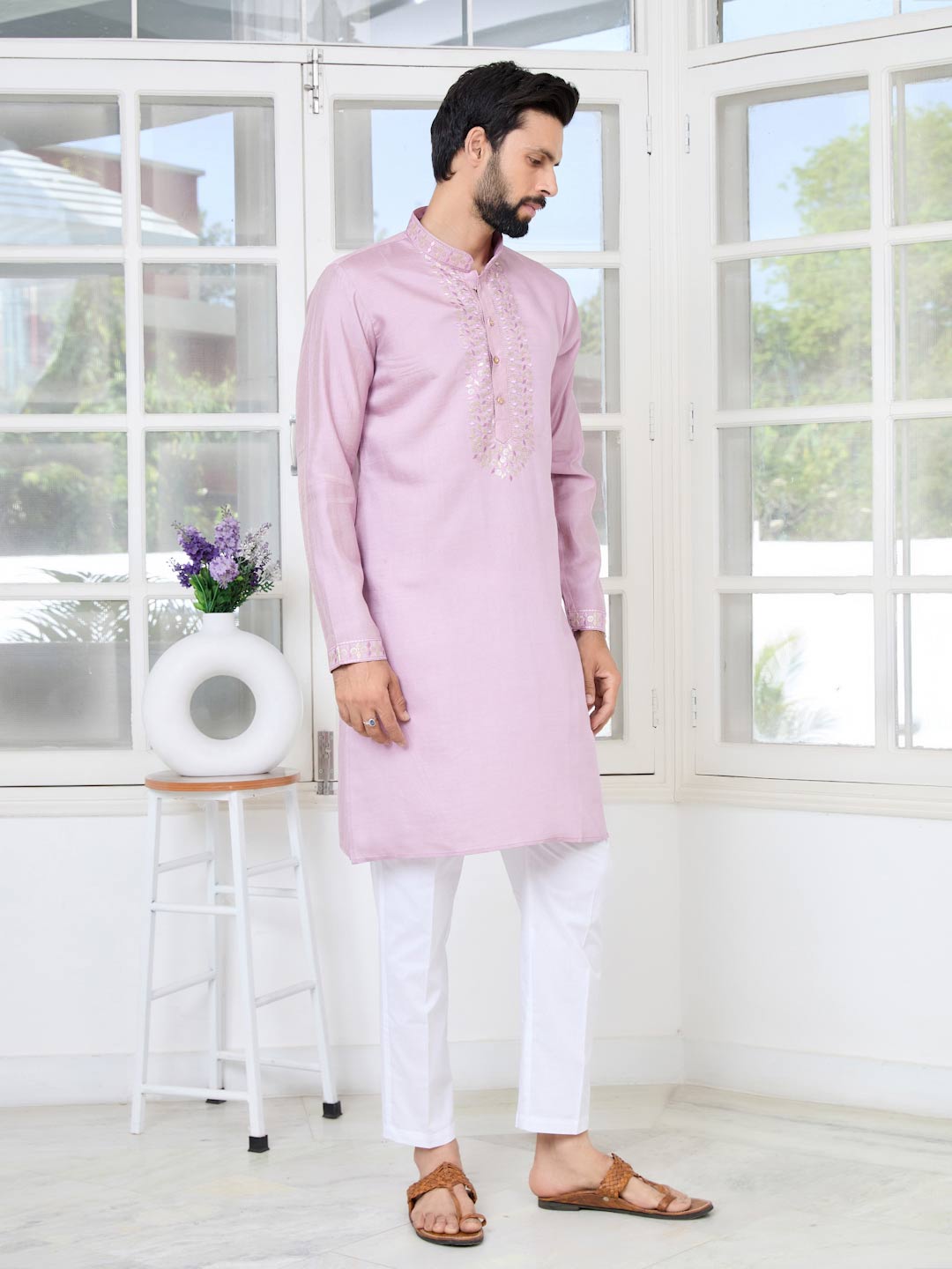 Purple Sequins Embroidered Chanderi Straight Kurta with Yoke Design Paired with Pyjama