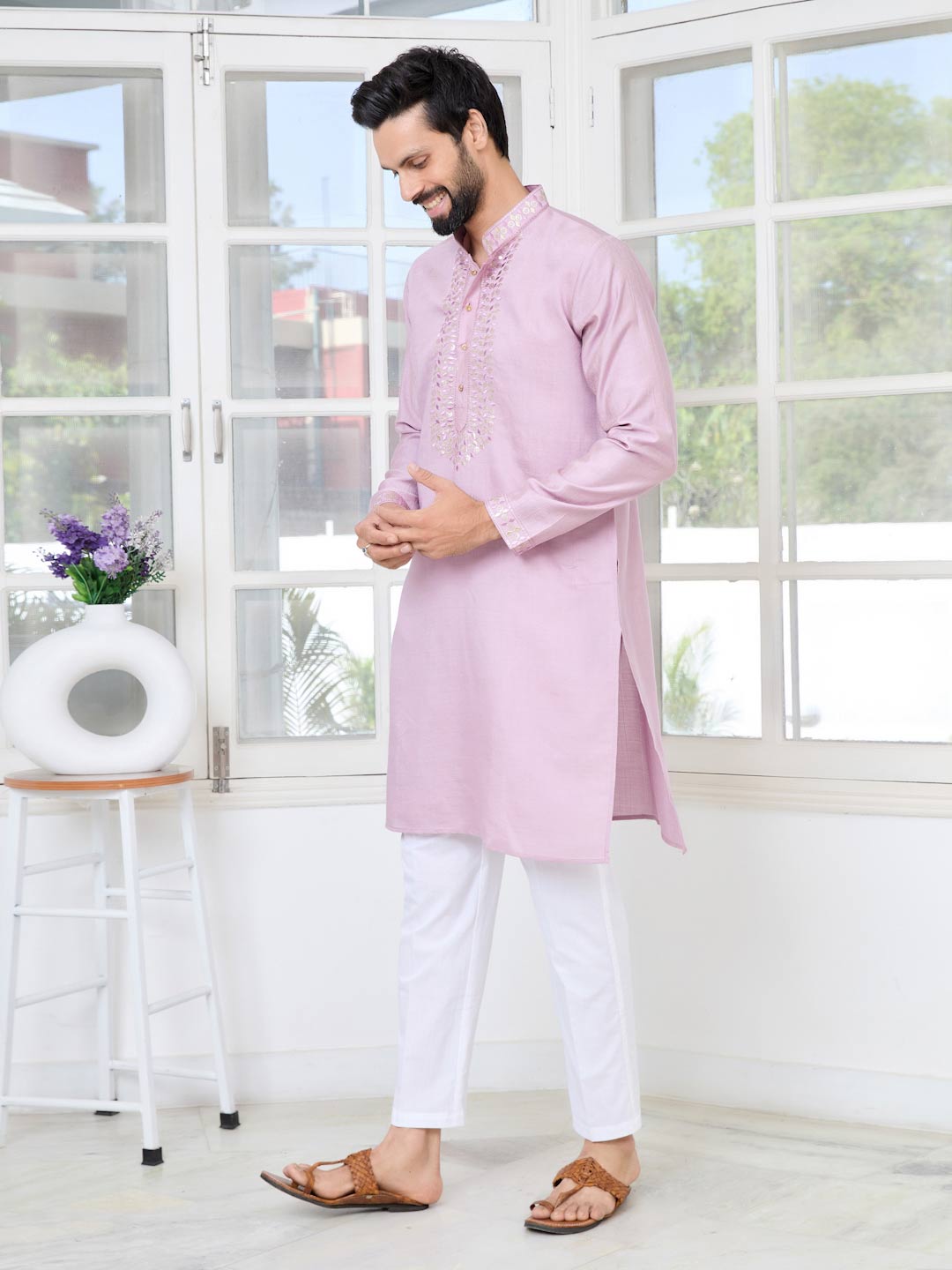 Purple Sequins Embroidered Chanderi Straight Kurta with Yoke Design Paired with Pyjama