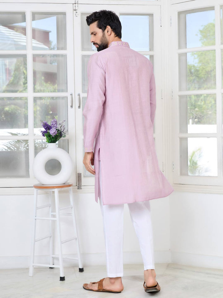 Purple Sequins Embroidered Chanderi Straight Kurta with Yoke Design Paired with Pyjama