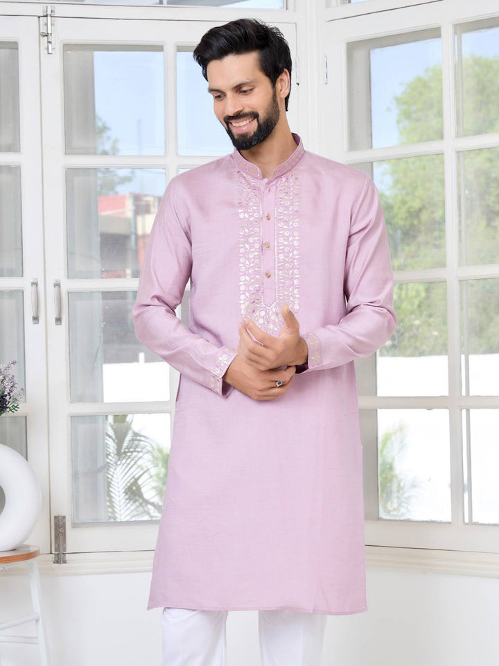 Purple Sequins Embroidered Chanderi Straight Kurta with Yoke Design Paired with Pyjama