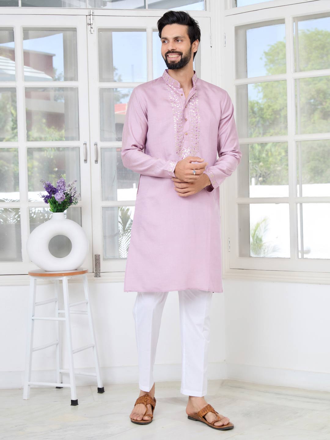 Purple Sequins Embroidered Chanderi Straight Kurta with Yoke Design Paired with Pyjama