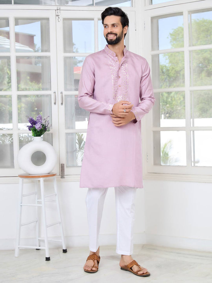 Purple Sequins Embroidered Chanderi Straight Kurta with Yoke Design Paired with Pyjama