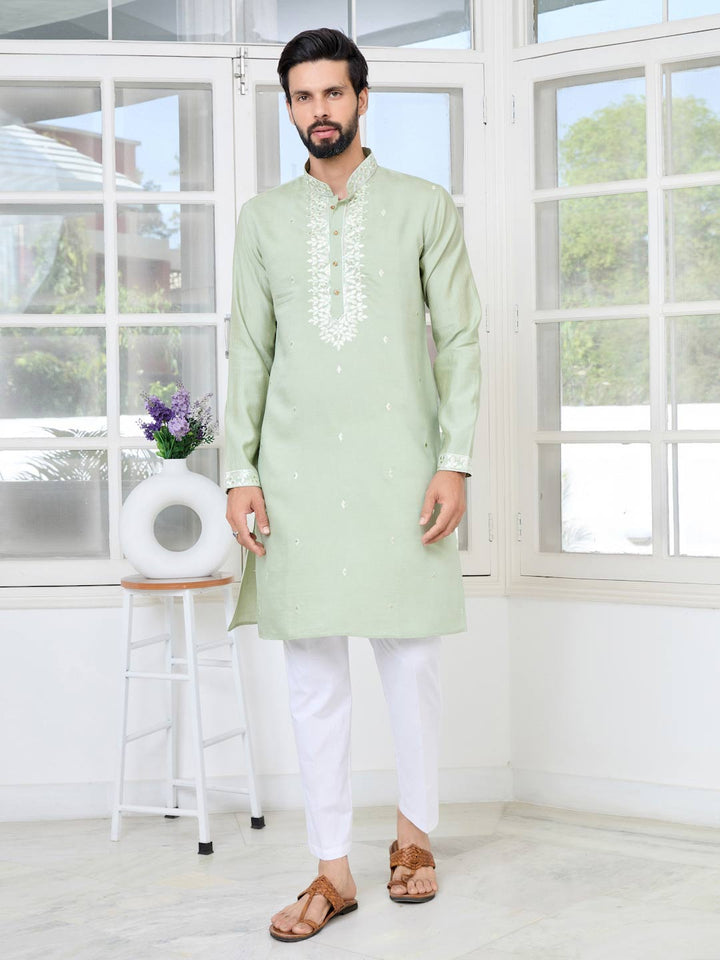 Pastel Green Thread worked Chanderi Straight Kurta with Yoke Design Paired with Pyjama