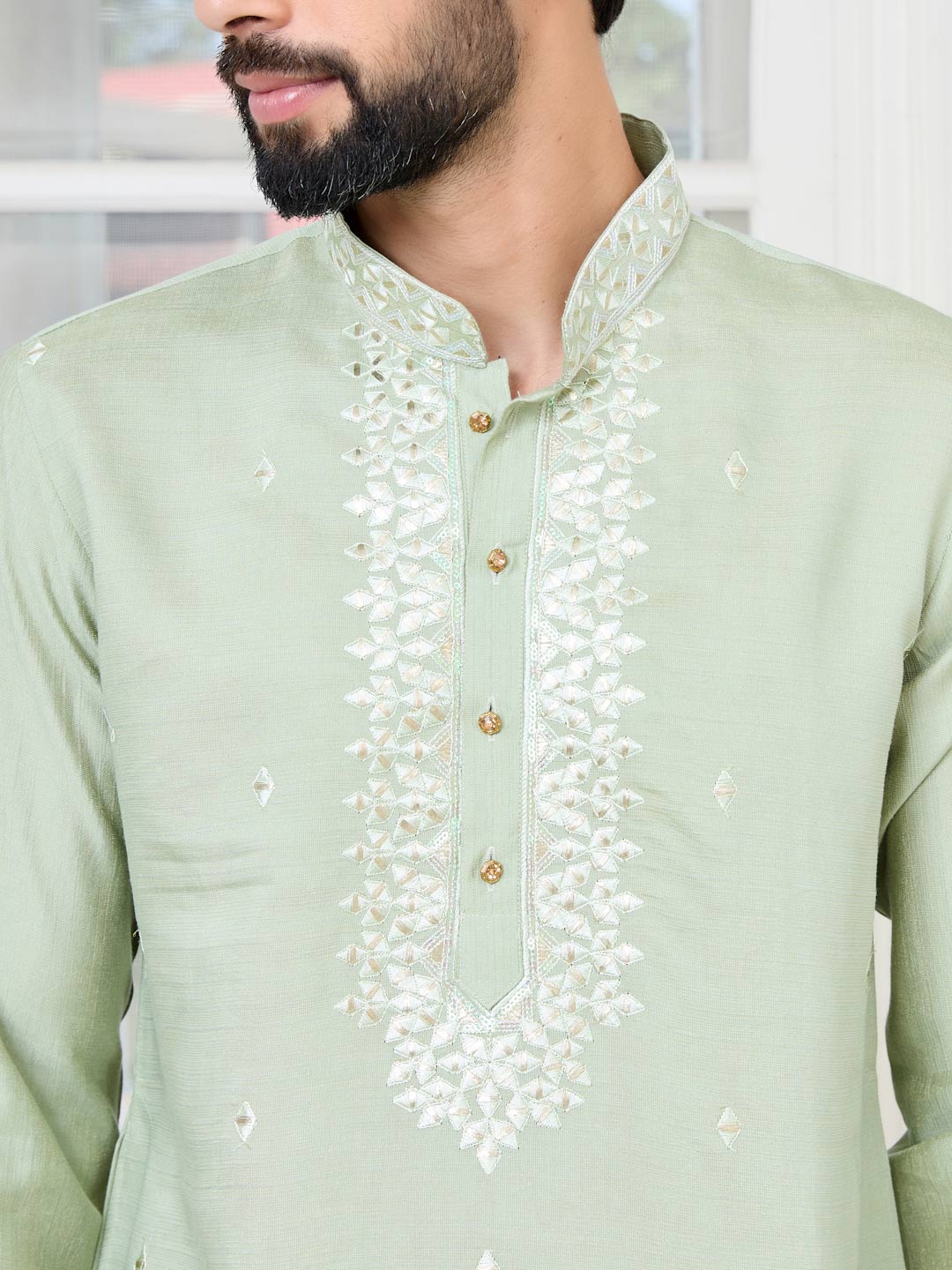 Pastel Green Thread worked Chanderi Straight Kurta with Yoke Design Paired with Pyjama