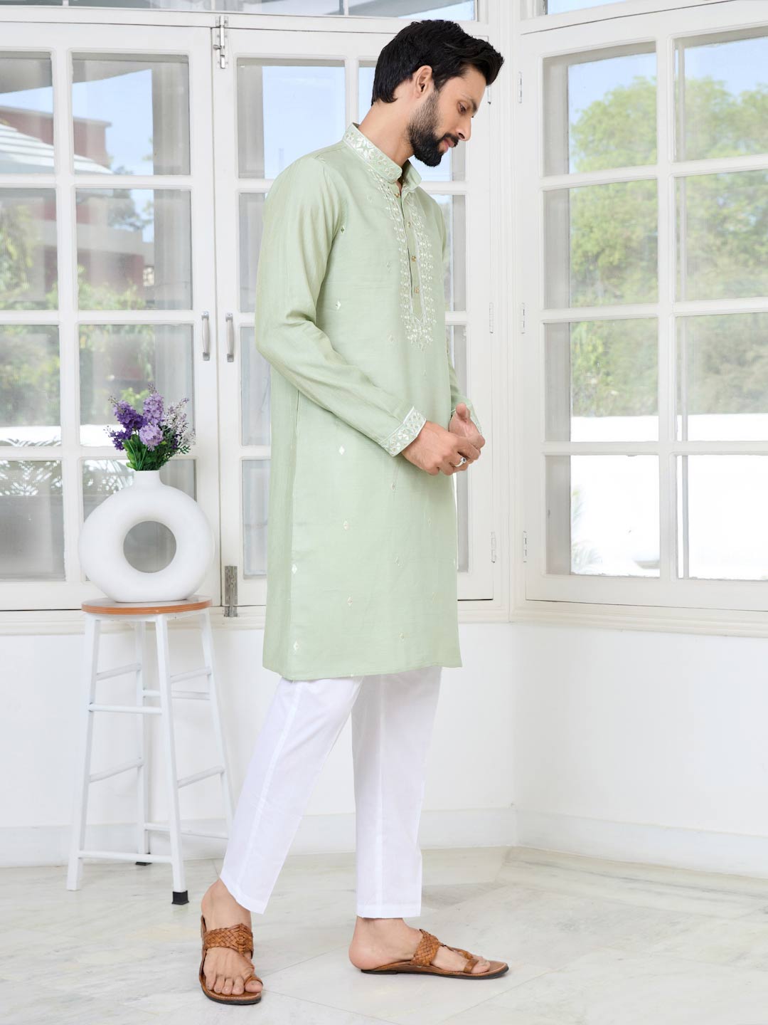 Pastel Green Thread worked Chanderi Straight Kurta with Yoke Design Paired with Pyjama