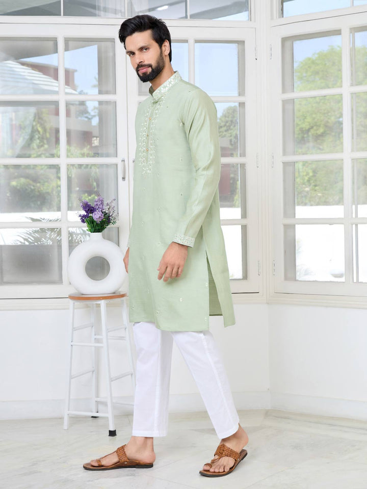 Pastel Green Thread worked Chanderi Straight Kurta with Yoke Design Paired with Pyjama