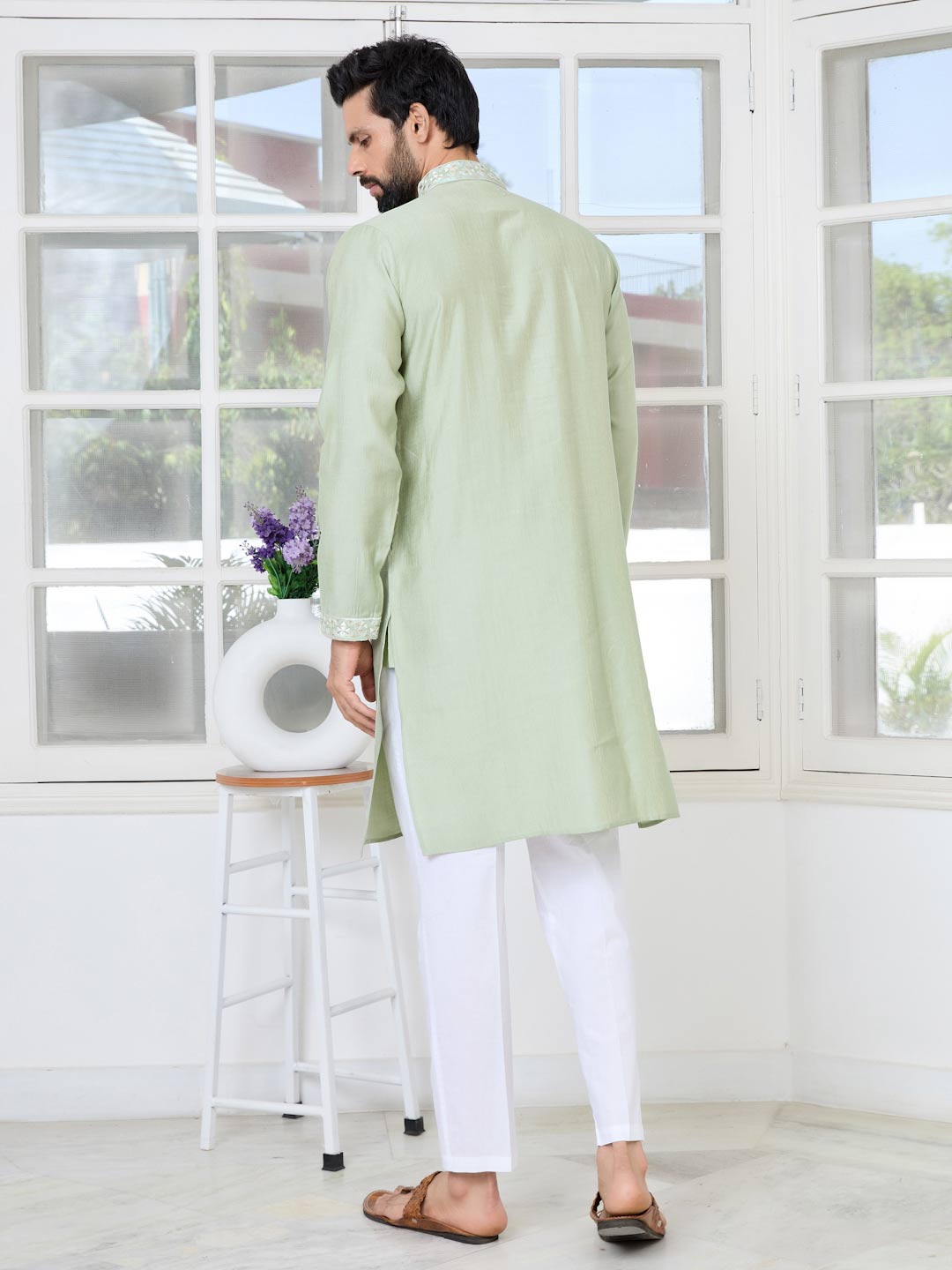 Pastel Green Thread worked Chanderi Straight Kurta with Yoke Design Paired with Pyjama