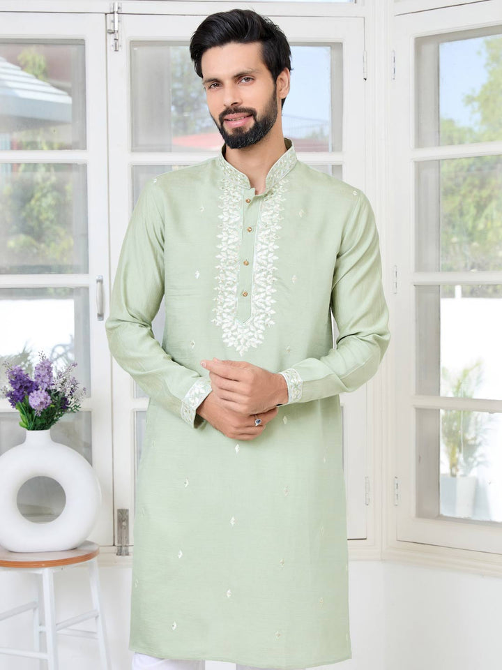 Pastel Green Thread worked Chanderi Straight Kurta with Yoke Design Paired with Pyjama