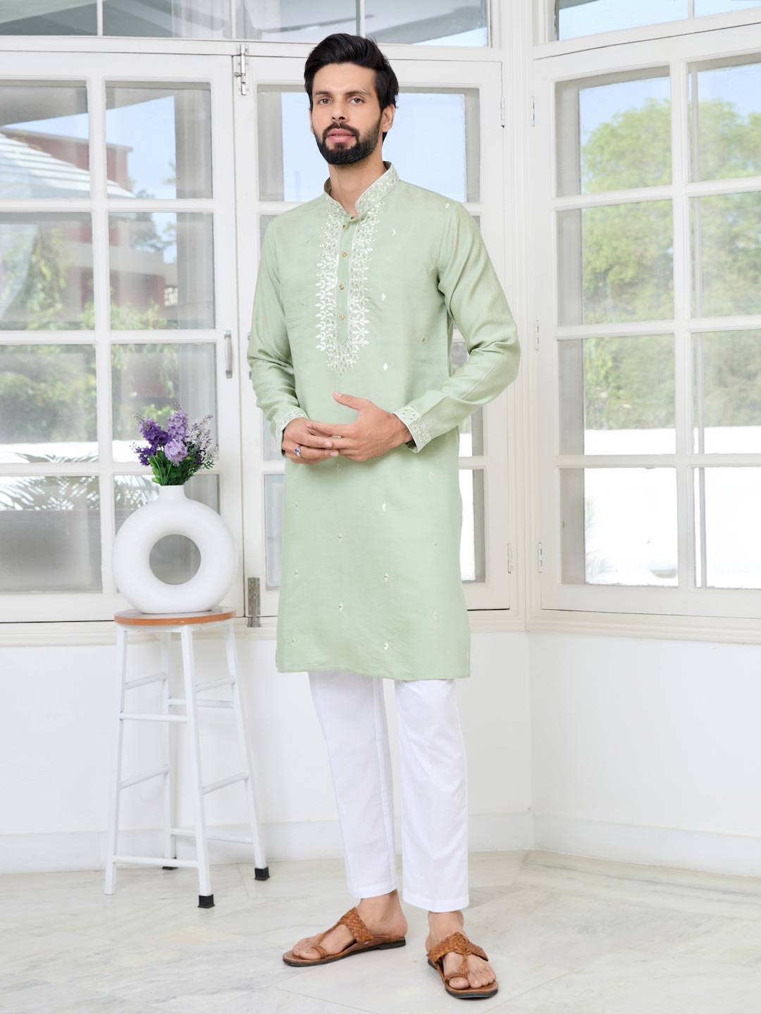 Pastel Green Thread worked Chanderi Straight Kurta with Yoke Design Paired with Pyjama