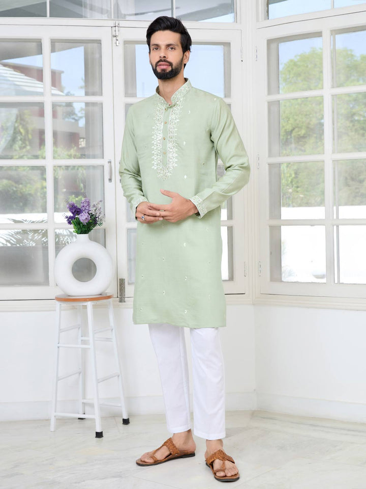 Pastel Green Thread worked Chanderi Straight Kurta with Yoke Design Paired with Pyjama