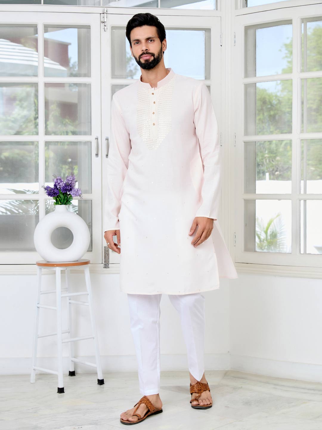 Light peach Sequins Embroidered Rayon Straight Kurta with Yoke Design Paired with Pyjama