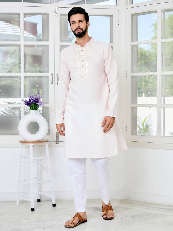 Light peach Sequins Embroidered Rayon Straight Kurta with Yoke Design Paired with Pyjama