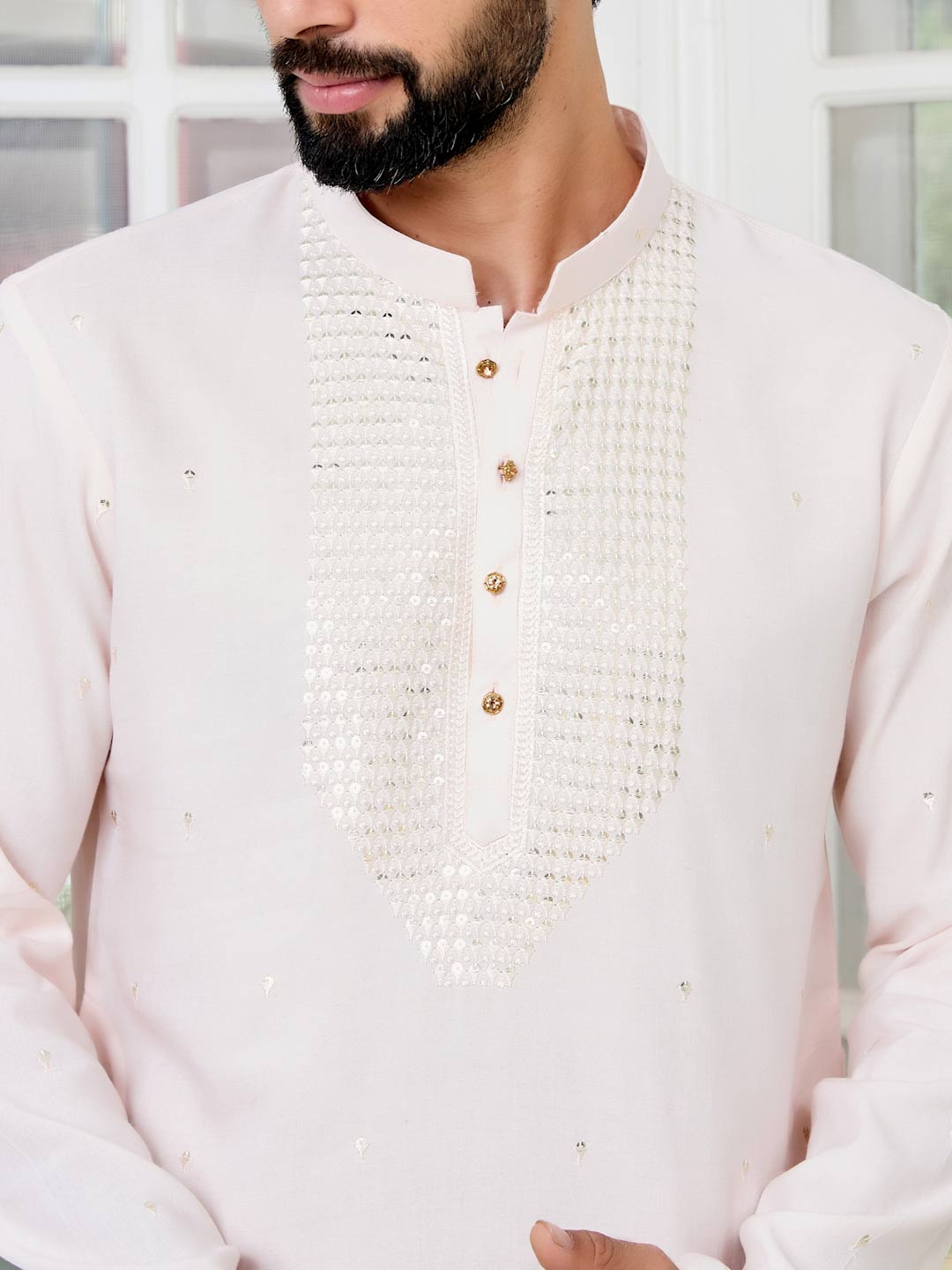 Light peach Sequins Embroidered Rayon Straight Kurta with Yoke Design Paired with Pyjama
