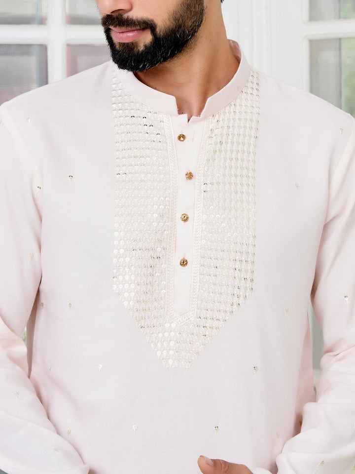 Light peach Sequins Embroidered Rayon Straight Kurta with Yoke Design Paired with Pyjama