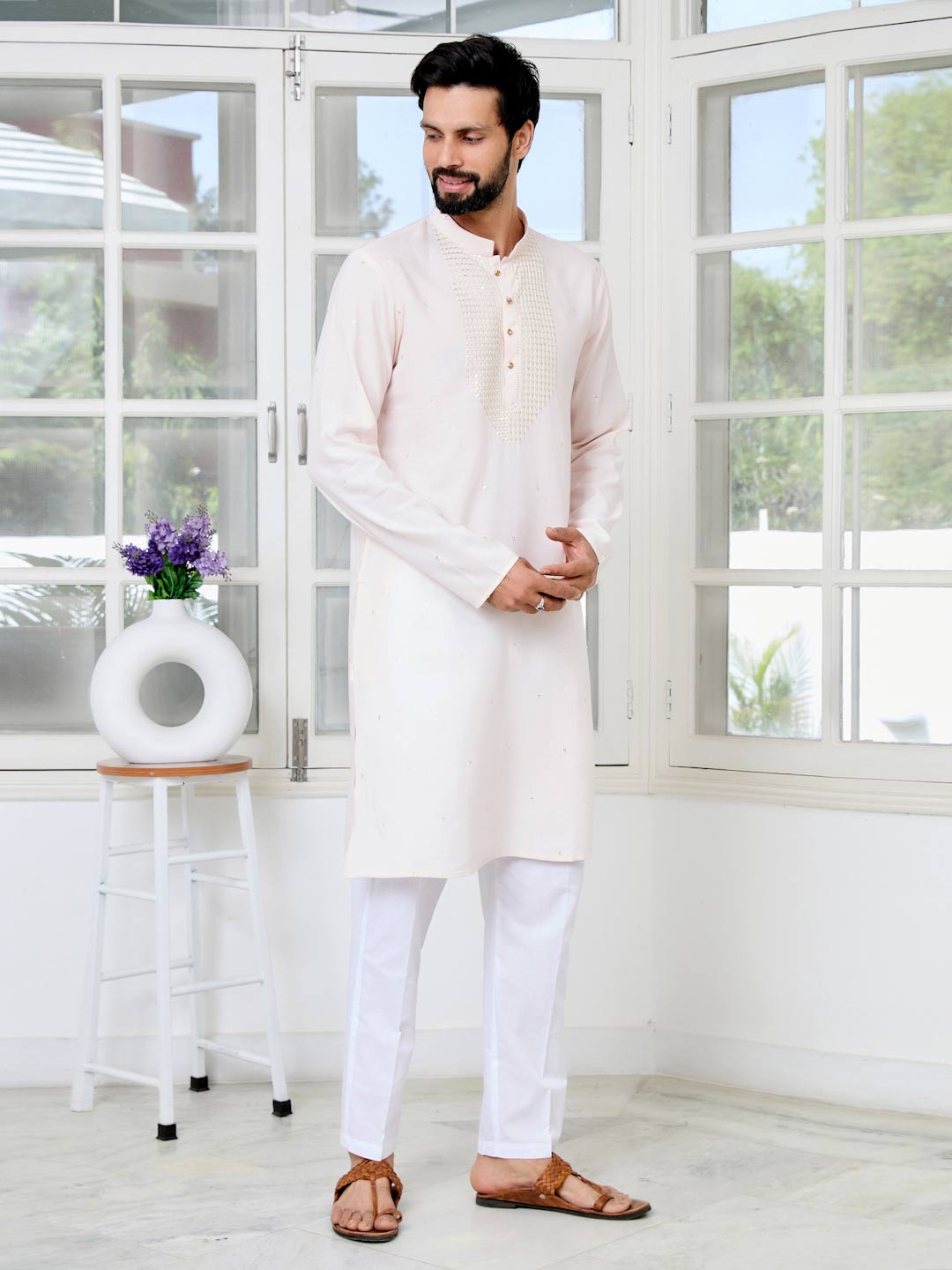 Light peach Sequins Embroidered Rayon Straight Kurta with Yoke Design Paired with Pyjama